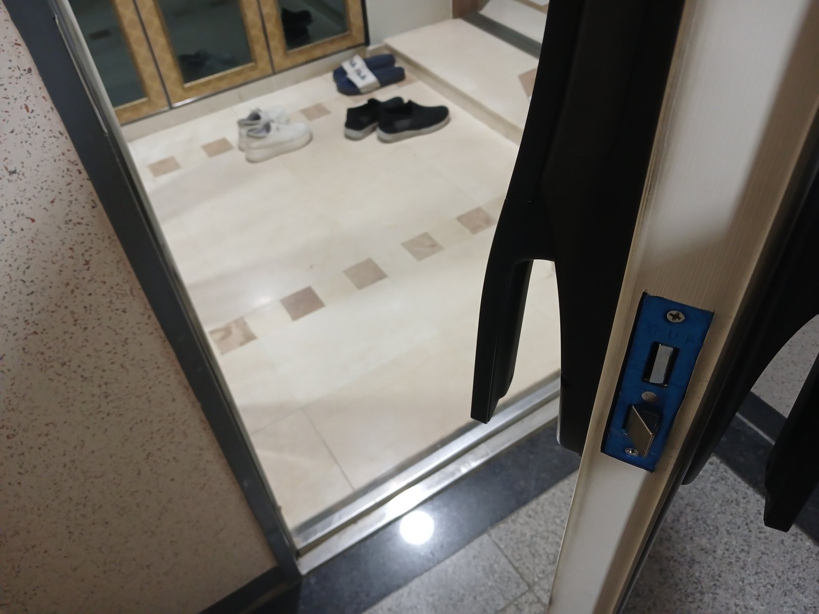 강남구 압구정동 출장 — 열어 둔 문 옆면의 푸른 판과 검은 푸시풀 손잡이, 문 안쪽 현관 바닥의 신발